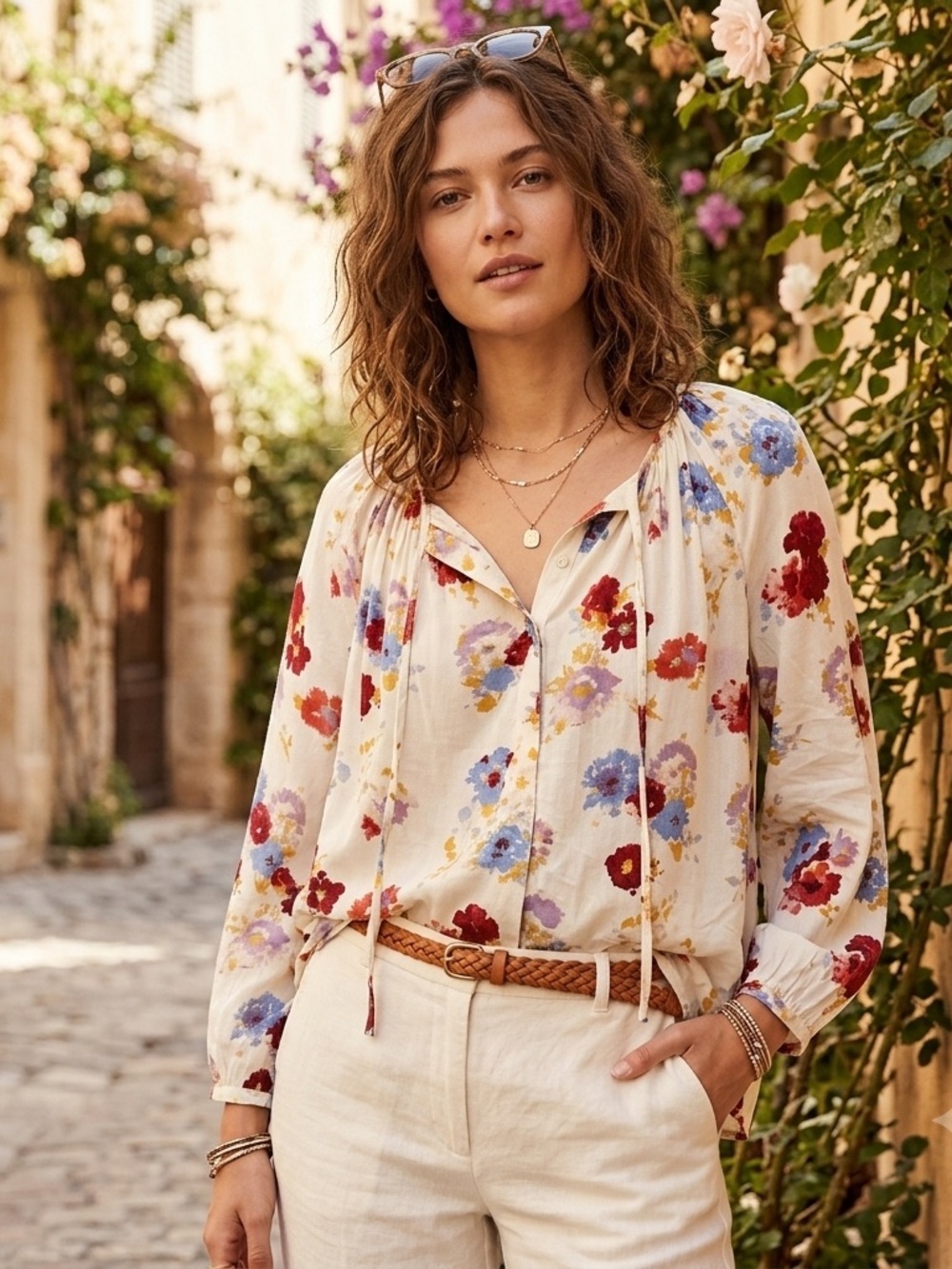 Lucky Brand Sz 2X Floral Tie Neck Balloon Sleeve Semi Sheer Ivory Peasant Top
